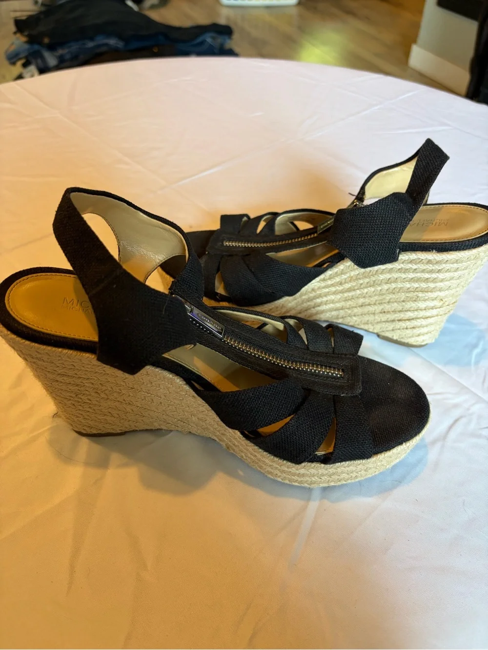 Michael Kors Black Espadrille Wedge Sandals with Front Zip